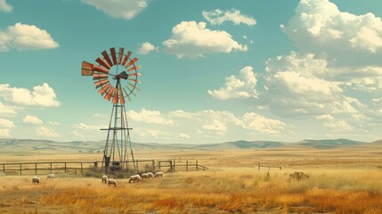 old windmill in a vast, open field with grazing sheep