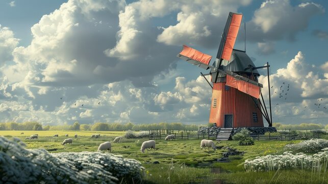old windmill in a vast, open field with grazing sheep