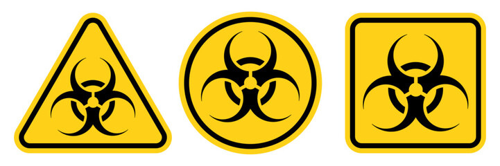 Set hazard danger yellow vector signs. Biohazard sign, logo, badge, icon, sticker, label, emblem, stamp, symbol, black, line, flat vector, isolated illustration.