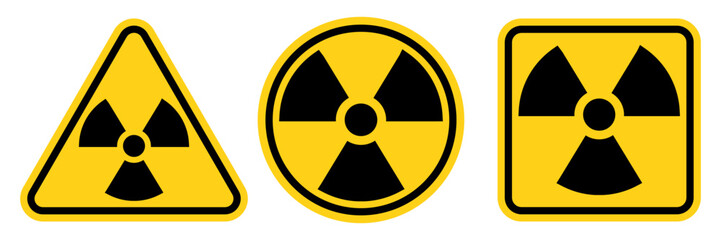 Set hazard danger yellow vector signs. Radiation or Radioactive sign, logo, badge, icon, sticker, label, emblem, stamp, symbol, black, line, flat vector, isolated illustration.