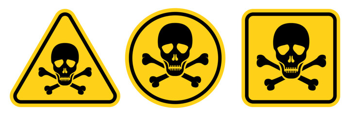 Toxic sign. Set hazard danger yellow vector signs. Poison, acid, toxic, caution icons. Skull and crossbones.