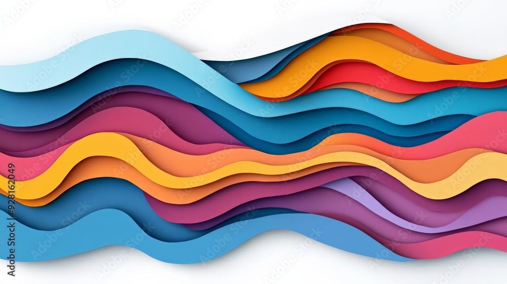 Poster colorful abstract waves in a layered paper cut style, showcasing vibrant curves and smooth patterns 