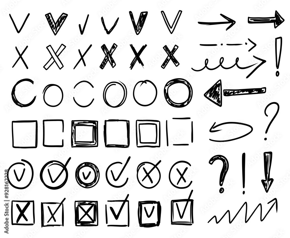 Poster check mark and box doodle set with right and wrong answer in doodle style. vector illustration.