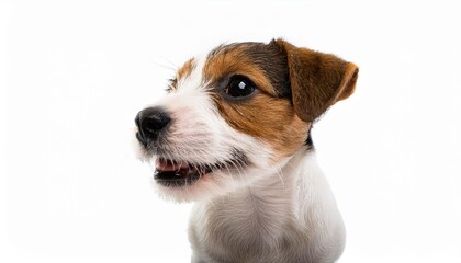 笑顔のパーソン・ラッセル・テリアの子犬のポートレート（Portrait of a smiling Parson Russell Terrier puppy on white background）
