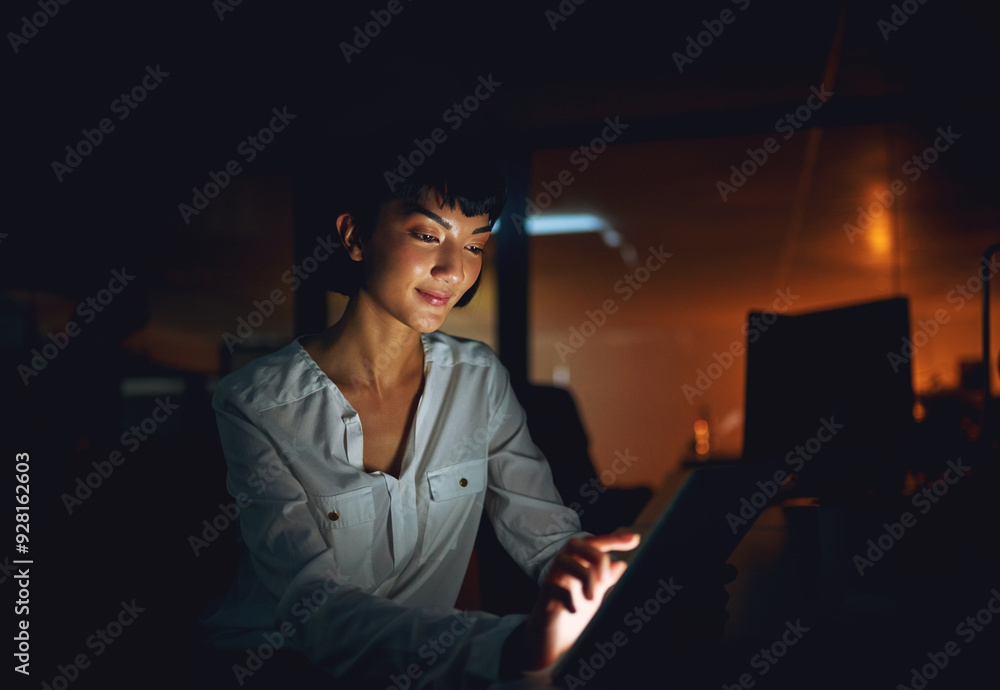 Poster internet, night and business with woman, tablet and happy with project, typing and schedule. web, ev