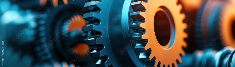 Poster gears with a blue and orange color scheme, showcasing intricate mechanical details and engineering a