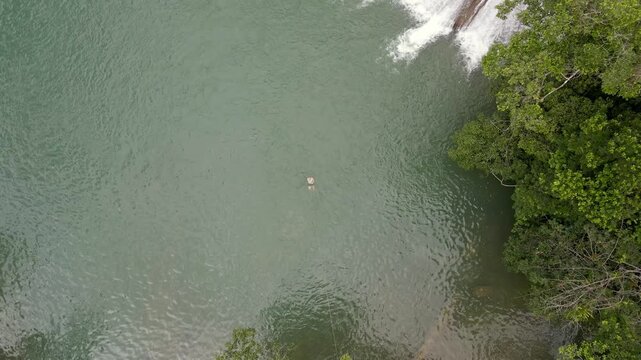 Man swimming at the base of waterfall Roberto Barrios in Chiapas Mexico, aerial top down