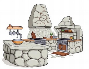 cartoon kitchen with stone counter and stove and sink.