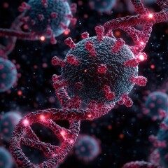 Obraz premium Detailed 3D rendering of a virus particle closely entwined with a DNA strand, illustrating the connection between viral infection and genetic material.