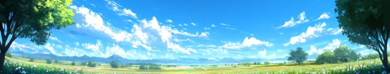 Obraz premium Spring's Tranquil Embrace: Enchanting Anime-Style Pastoral Scenery Blending Serenity and Harmony for a Peaceful Season Perfect for Gaming Art and Storybook Illustrations in 4K,anime-style