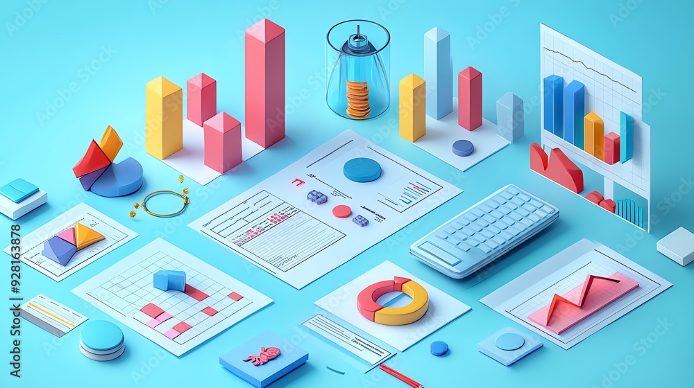 Poster colorful 3d charts and graphs for business presentations.