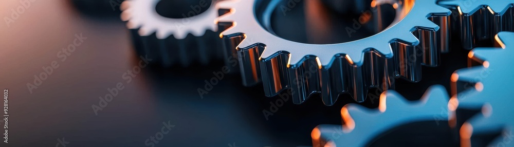 Poster metallic gears arranged on a dark surface, showcasing intricate details and smooth textures, symboli
