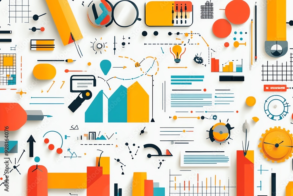 Poster colorful abstract business strategy design with charts, graphs and icons.