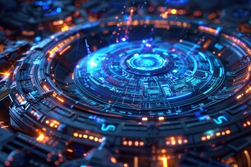 An entrancing tunnel illuminated by vivid lights and intricate digital patterns, reflecting advanced tech and creative design.