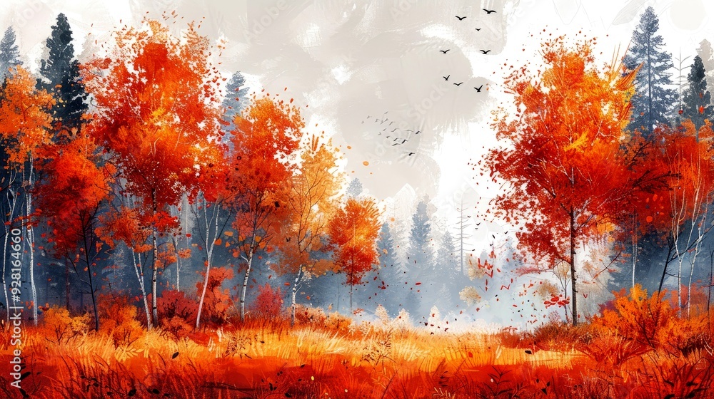 Wall mural portrait of forest and river in autumn in the afternoon