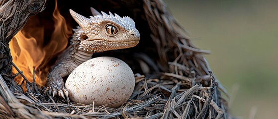 A mythical dragon hatchling sits beside a large egg in a cozy nest, surrounded by a warm glow, representing new beginnings.