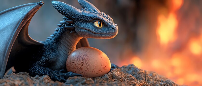 A fierce dragon guarding its precious egg in a fiery landscape, showcasing the beauty of mythical creatures and fantasy art.