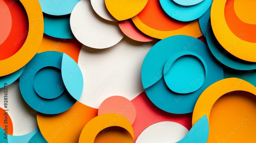 Aufkleber abstract colorful paper art background with layered circles in orange, blue, and white tones, creati