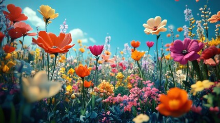 Vibrant Wildflower Meadow in Full Bloom Under a Clear Blue Sky on a Sunny Day