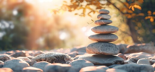 Obraz premium A stack of stones balanced on top of each other, with a blurred background of a forest and sunlight.