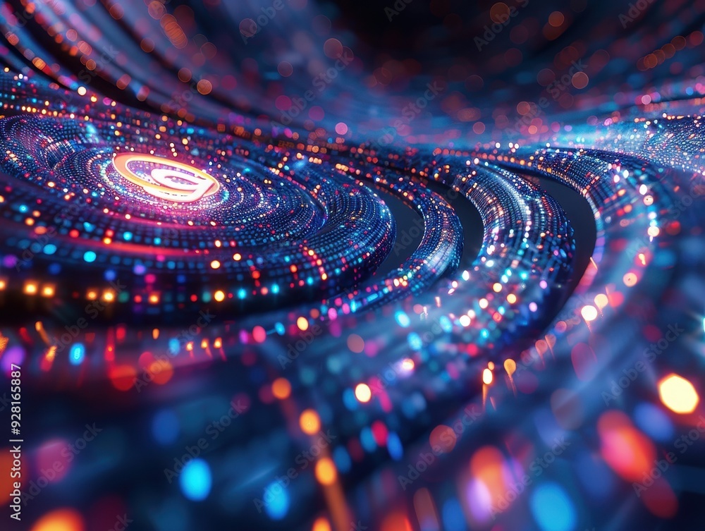 Poster a vibrant abstract composition featuring swirling lights and dynamic patterns, perfect for digital a