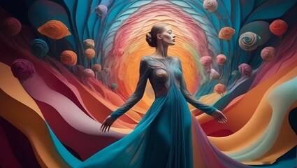 surrealist masterpiece female figure with elongated limbs and a serene expression ethereal gown that mimics the colorful swirls of the background