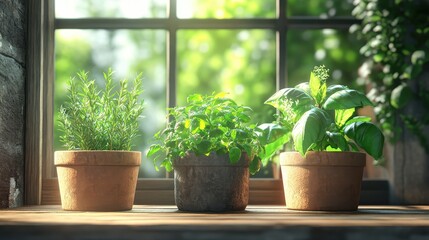 Fototapeta premium Sunlit Window Sill with Fresh Herb Plants in Terracotta Pots - Rosemary, Mint, and Basil