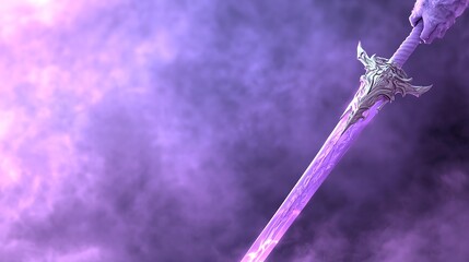 A mystical sword surrounded by vibrant purple mist, evoking a fantasy world of adventure and magic.