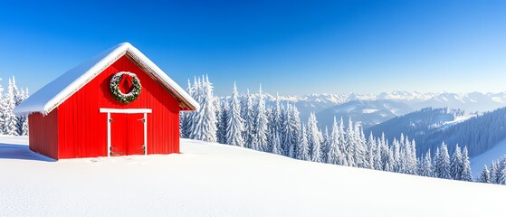 A charming red cabin nestled in a snowy landscape, surrounded by majestic mountains and tall evergreen trees under a clear blue sky.