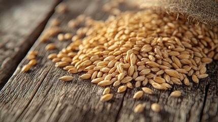 Obraz premium Close-Up of Barley Grains Spilled on Rustic Wooden Surface with Burlap Sack