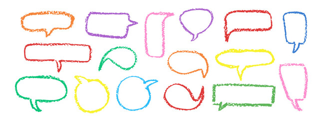 Fototapeta premium Set of speech bubbles drawn by crayon pencil. Collection of hand drawn chalk elements. Charcoal colorful text box collection for comment, quote or dialog. Vector pastel clouds in doodle stile