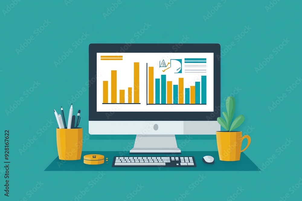 Poster Desktop with Data Analytics on Screen.