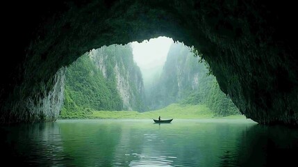 A serene cave landscape with a calm green lake, featuring a lone boatman amidst towering cliffs and...