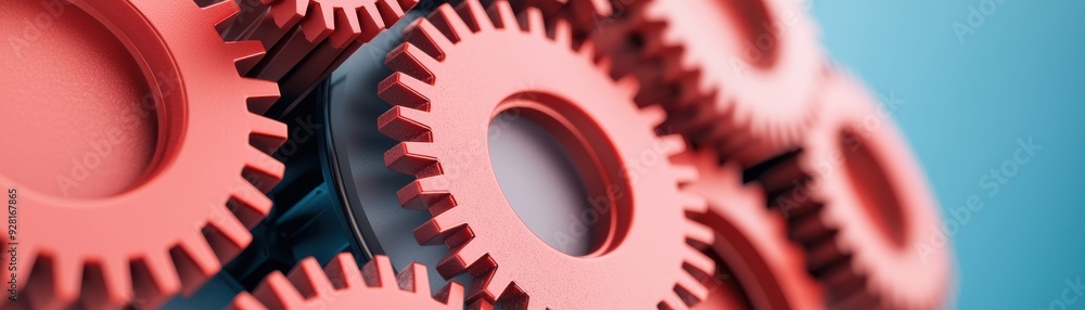 Poster red gears arranged in a complex pattern, showcasing precision engineering and mechanical design on a