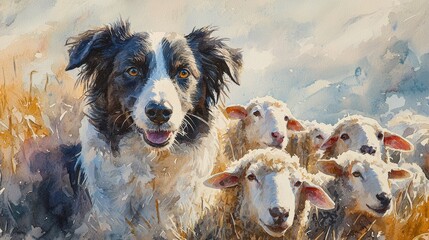 Watercolor border collie with intense focus, herding sheep.