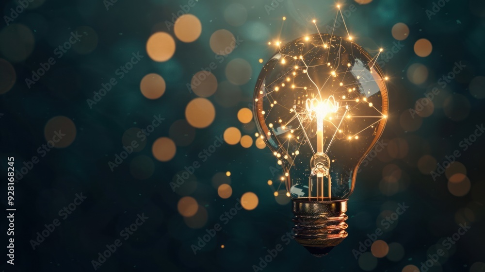 Poster glowing lightbulb with network pattern