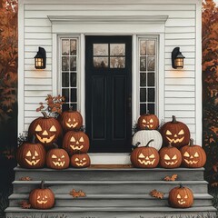 Obraz premium Elegant front porch with a variety of carved pumpkins, softly lit, set against a backdrop of fall foliage
