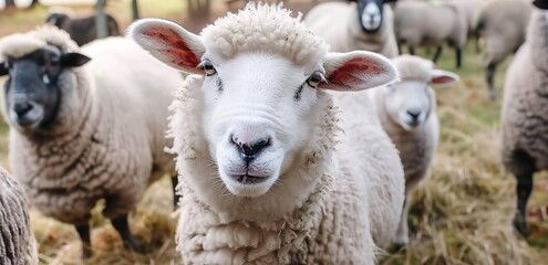 Fototapeta premium Close up of a white sheep with a black sheep in the background, looking directly at the camera. This image can be used for a variety of purposes,