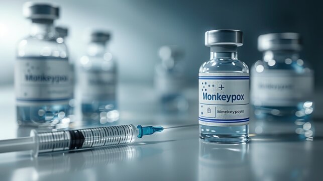 Monkey pox vaccine, monkey pox virus vaccine and injection, Close-up of Monkeypox (MPOX) Vaccine and syringe.