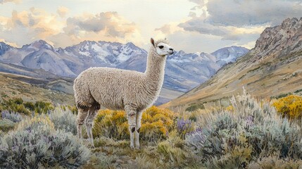 Watercolor alpaca with a fluffy coat, grazing in a mountain meadow.