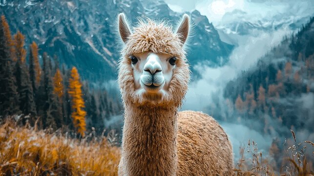 Watercolor alpaca with a fluffy coat, grazing in a mountain meadow.