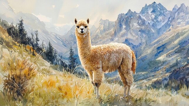 Watercolor alpaca with a fluffy coat, grazing in a mountain meadow.