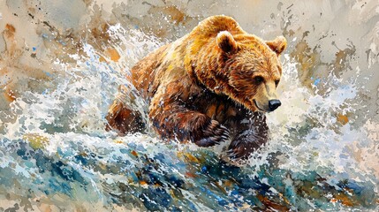 Watercolor bear fishing in a river, with vibrant splashes of water.