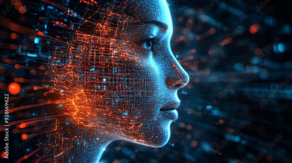 Poster digital human face glowing with code.