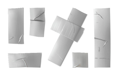 Silver adhesive tape pieces with texture. Realistic 3d vector illustration set of cut glued sticky paper strip with grey metal color and wrinkles. Plastic bandage patch mockup. Torn scotch sticker.