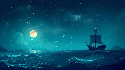 Art illustration battle ship in the sea night
