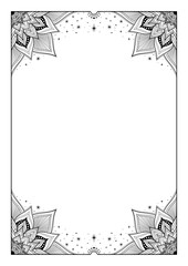 Obraz premium Empty frame with mandala patterns and stars on white background. Flat design mockup with copy space for greeting card, invitation or poster. Line Vector illustration.