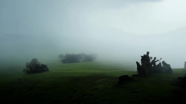 Foggy meadow with dead trees, perfect for halloween. Eerie, spooky, and mysterious, creating a creepy atmosphere. Mist adds to the spooky vibe, with overcast weather and clouds