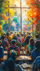 A vibrant papercut illustration showing a diverse group of students sitting at desks and engaging with the classroom environment.