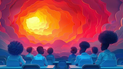 A vibrant papercut illustration showing a diverse group of students sitting at desks and engaging with the classroom environment.